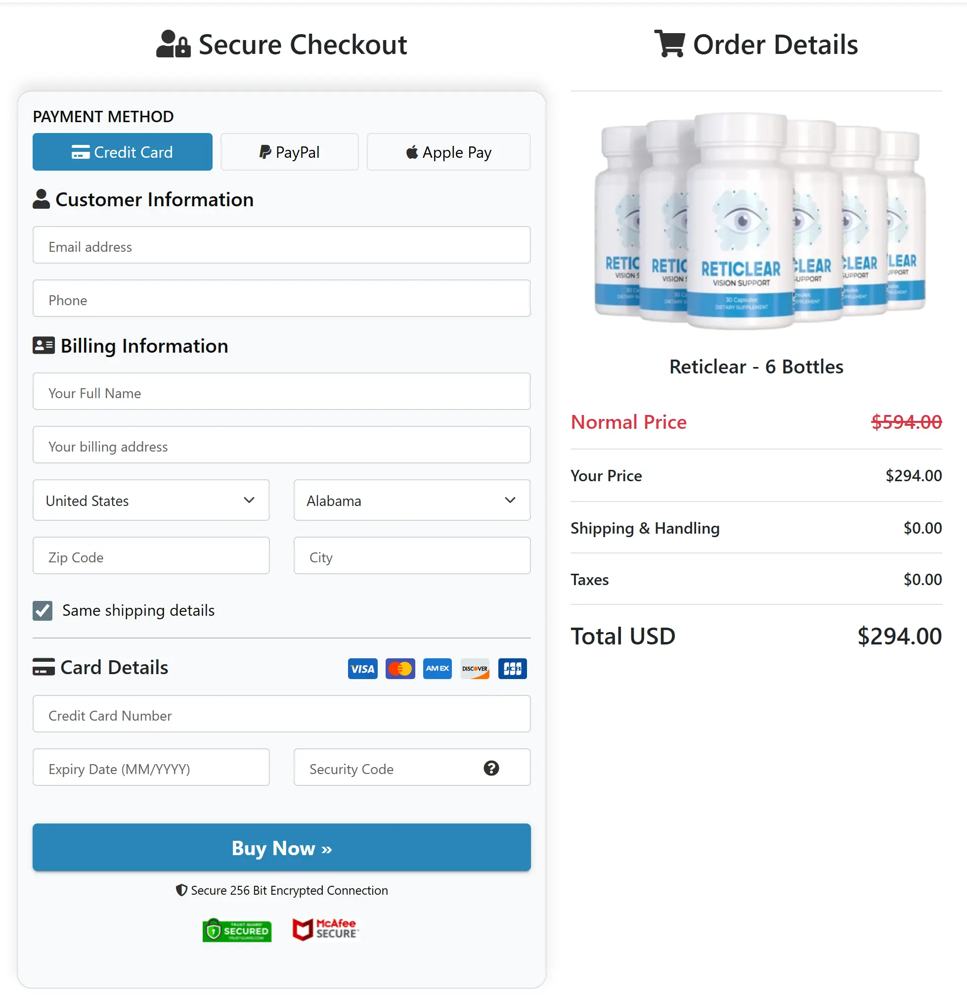 Secure Reticlear checkout page with encrypted payment processing